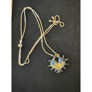 Handmade Art Glass Heart Pendant Necklace‎ Iridescent Blue & Gold Spiky Heart